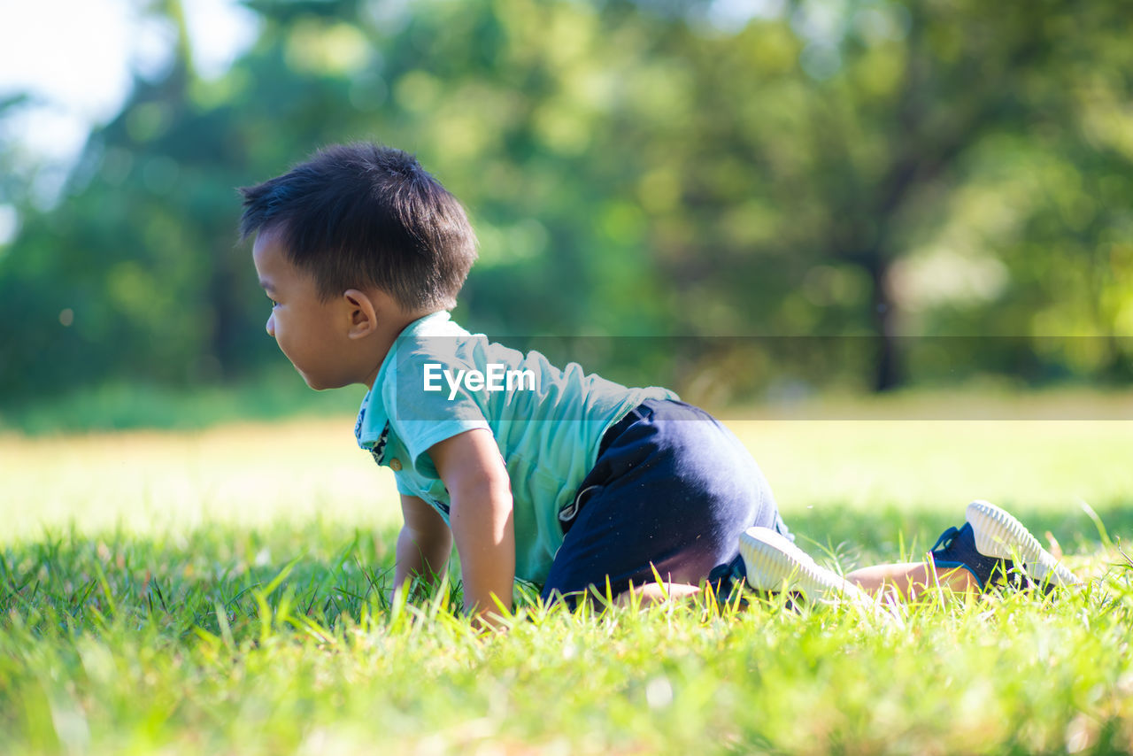 Side view of baby boy crawling on grassy land