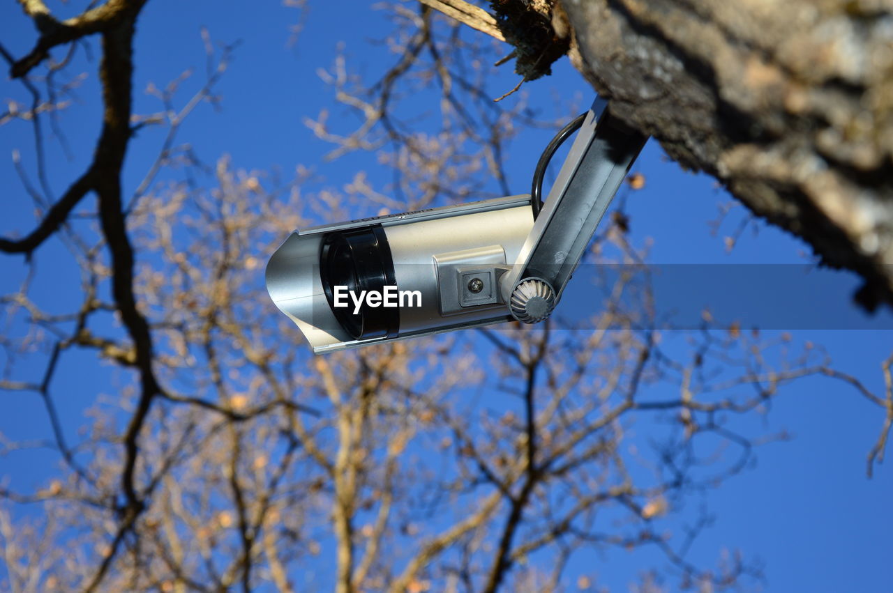 Low angle view of camera on tree against sky