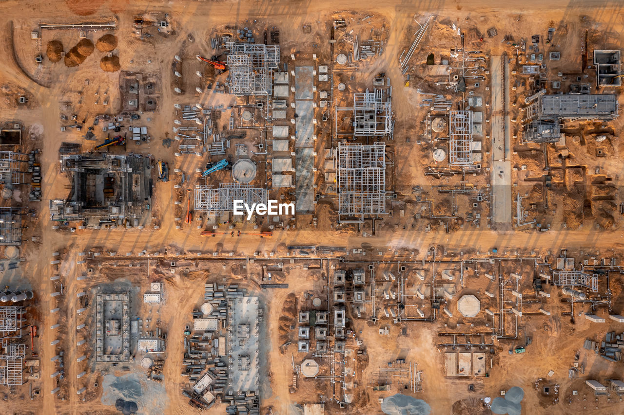 Aerial top view construction area of crude oil refinery plant in thailand