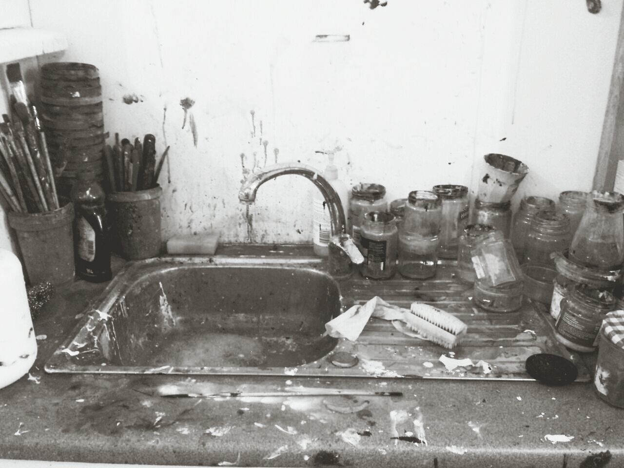 High angle view of messy sink at home