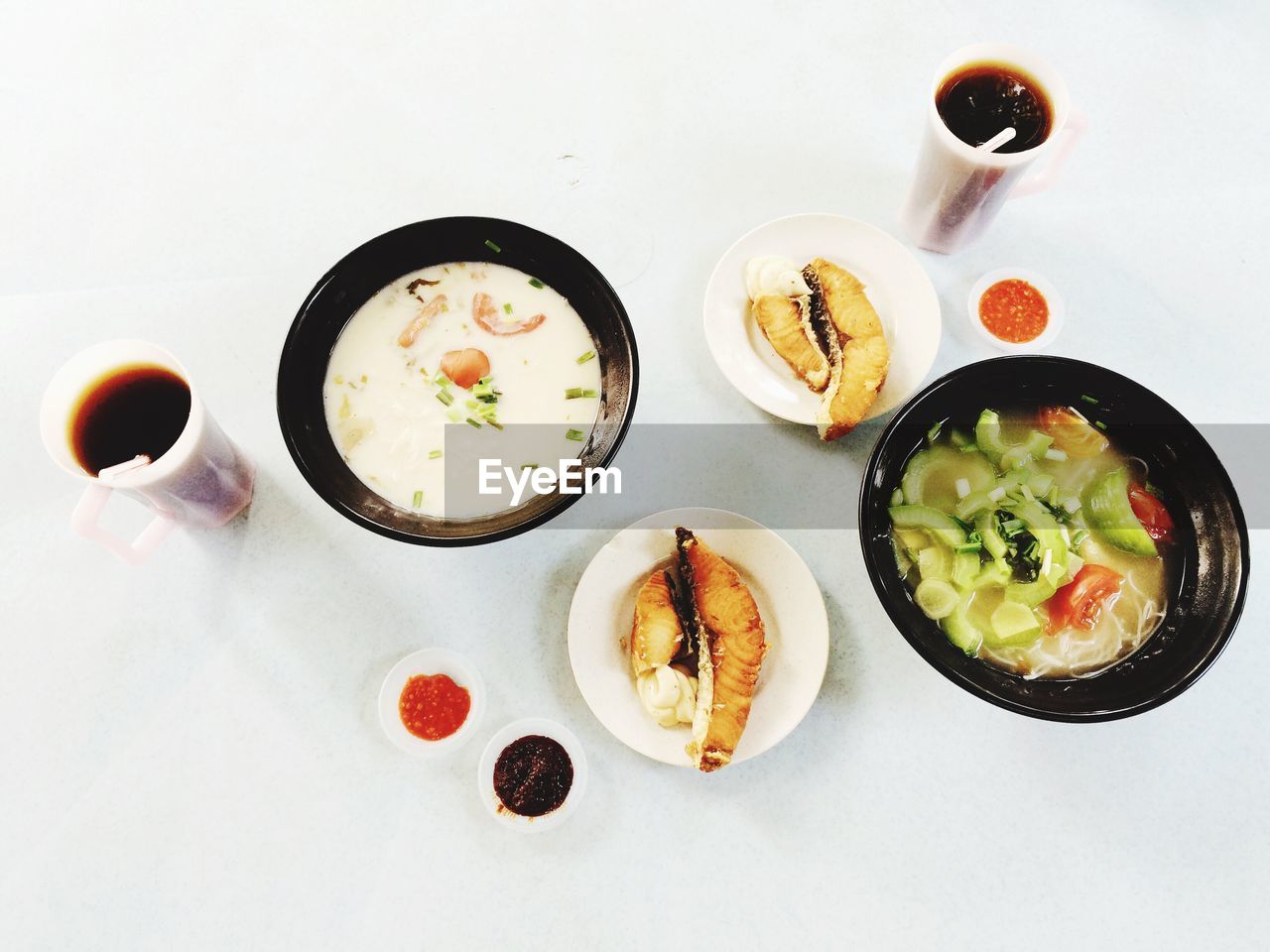 High angle view of food and drink on table