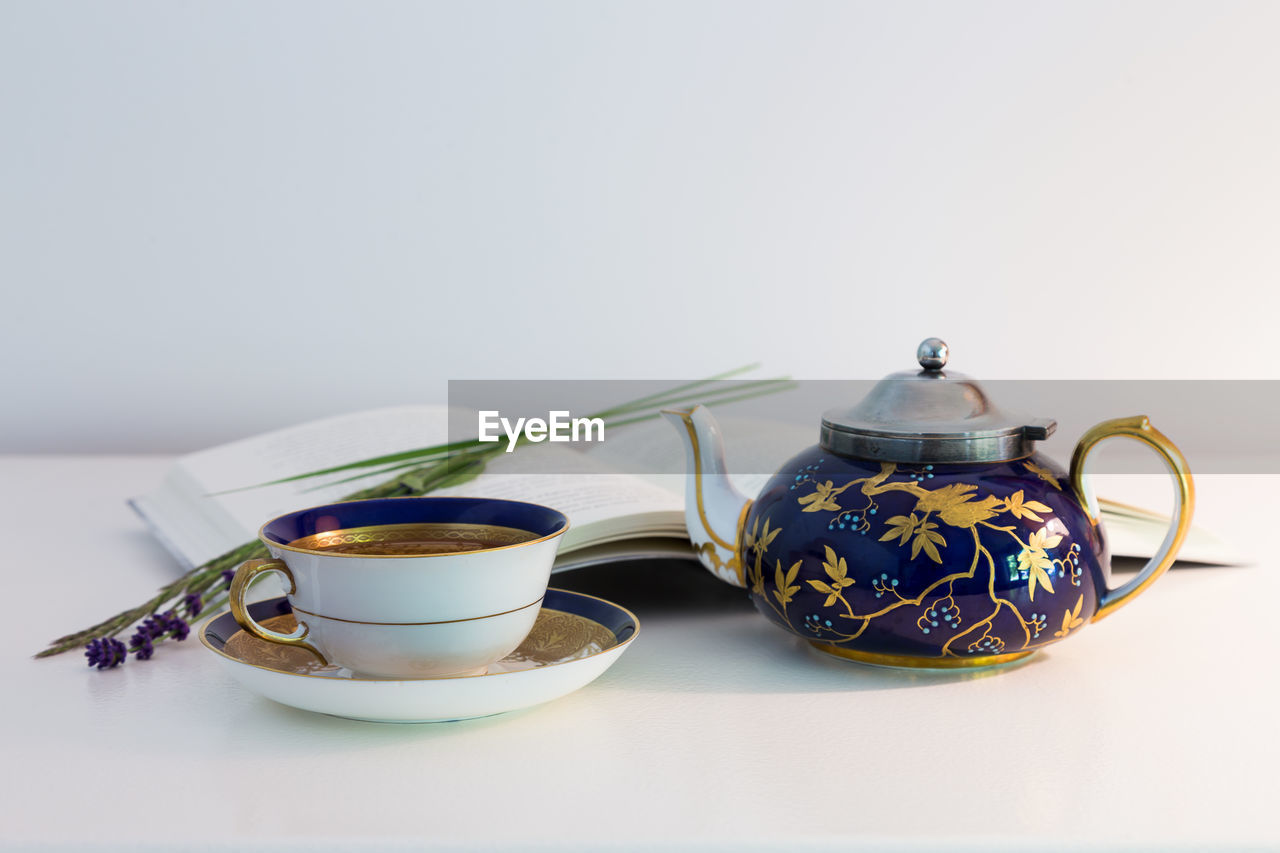 Still life with pretty antique tea cup and pot, open book and sprigs of lavender flowers set 