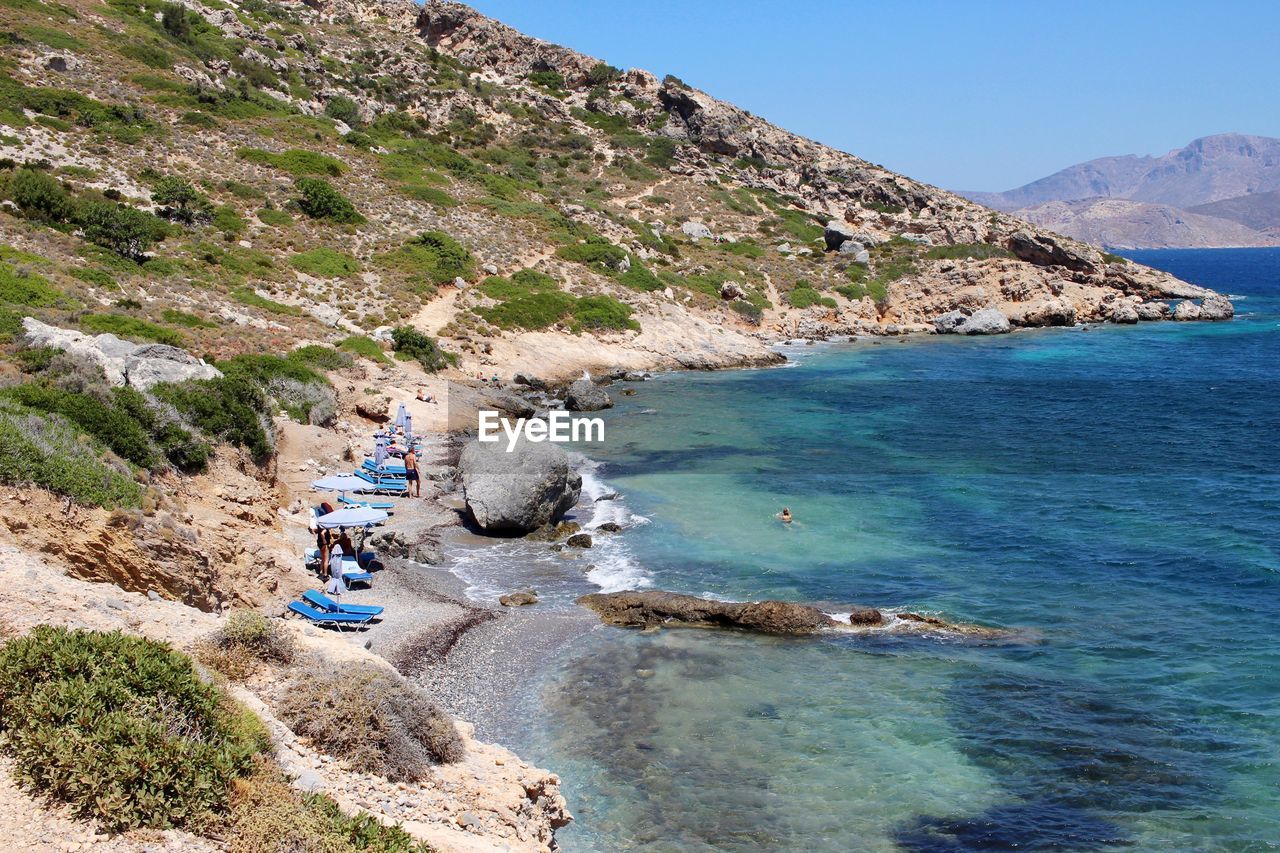 Scenic view of sea against clear blue sky