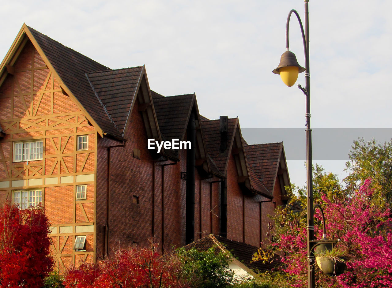 STREET LIGHT AMIDST HOUSES AND BUILDINGS AGAINST SKY