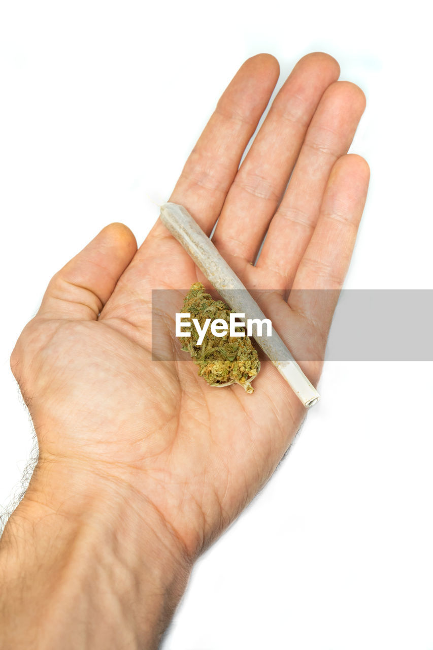 CLOSE-UP OF HUMAN HAND HOLDING WHITE BACKGROUND