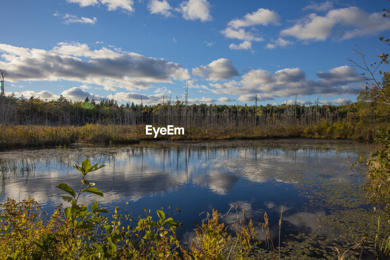 Scenic view of calm lake against cloudy sky