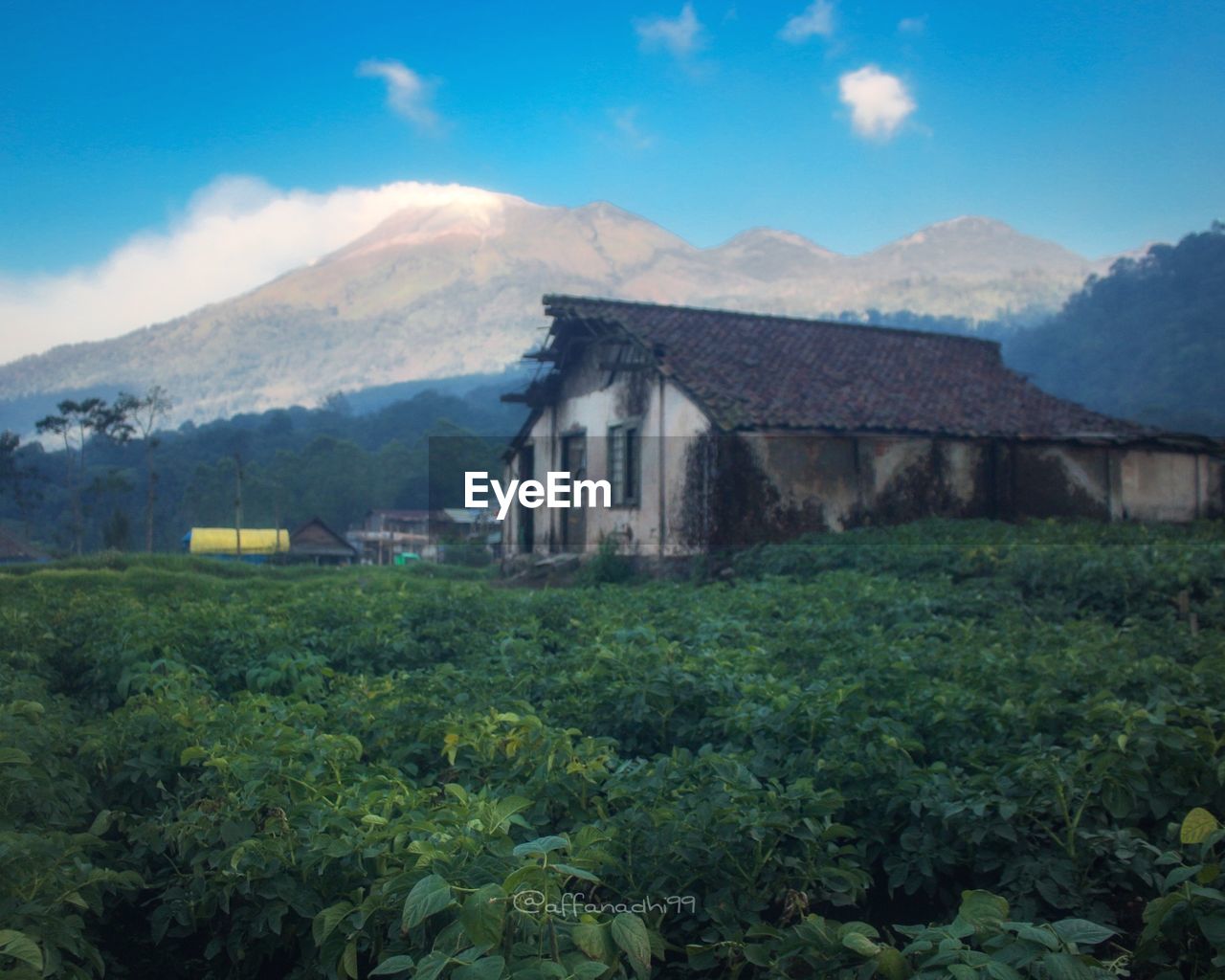 HOUSES ON FIELD BY MOUNTAIN AGAINST SKY