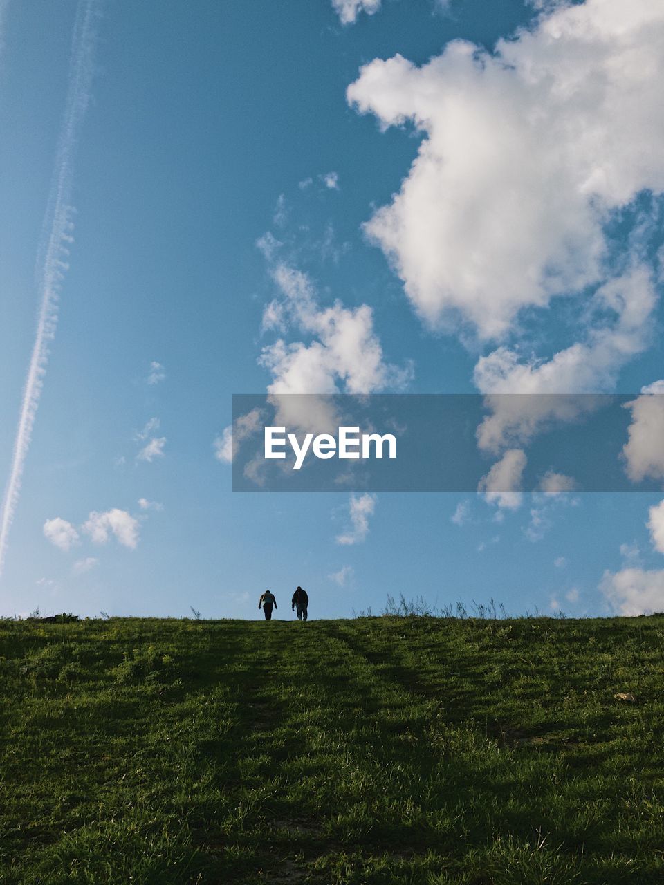 Rear view of people walking on field against sky