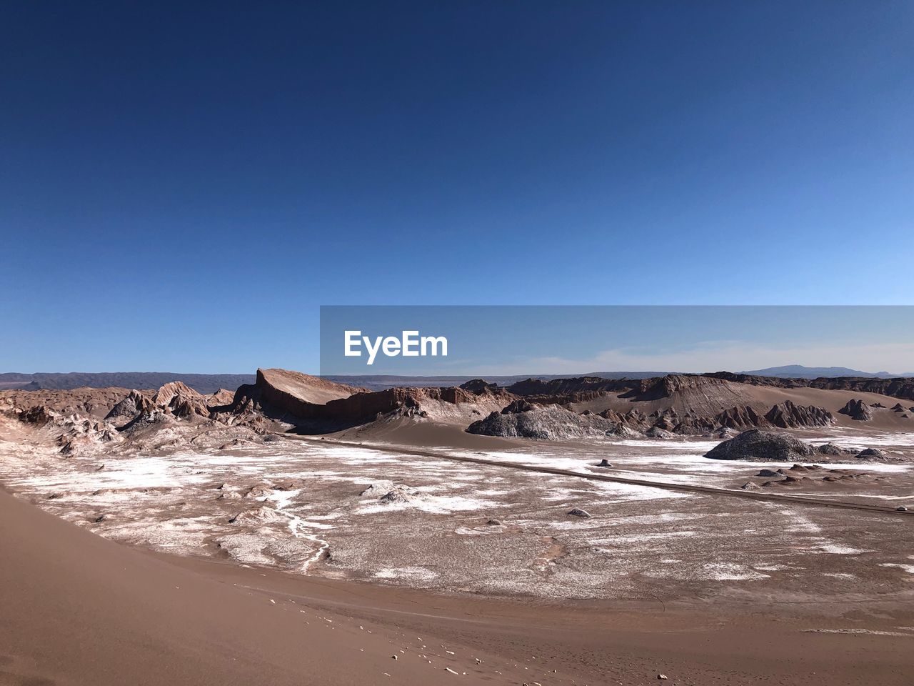 Scenic view of desert against clear blue sky