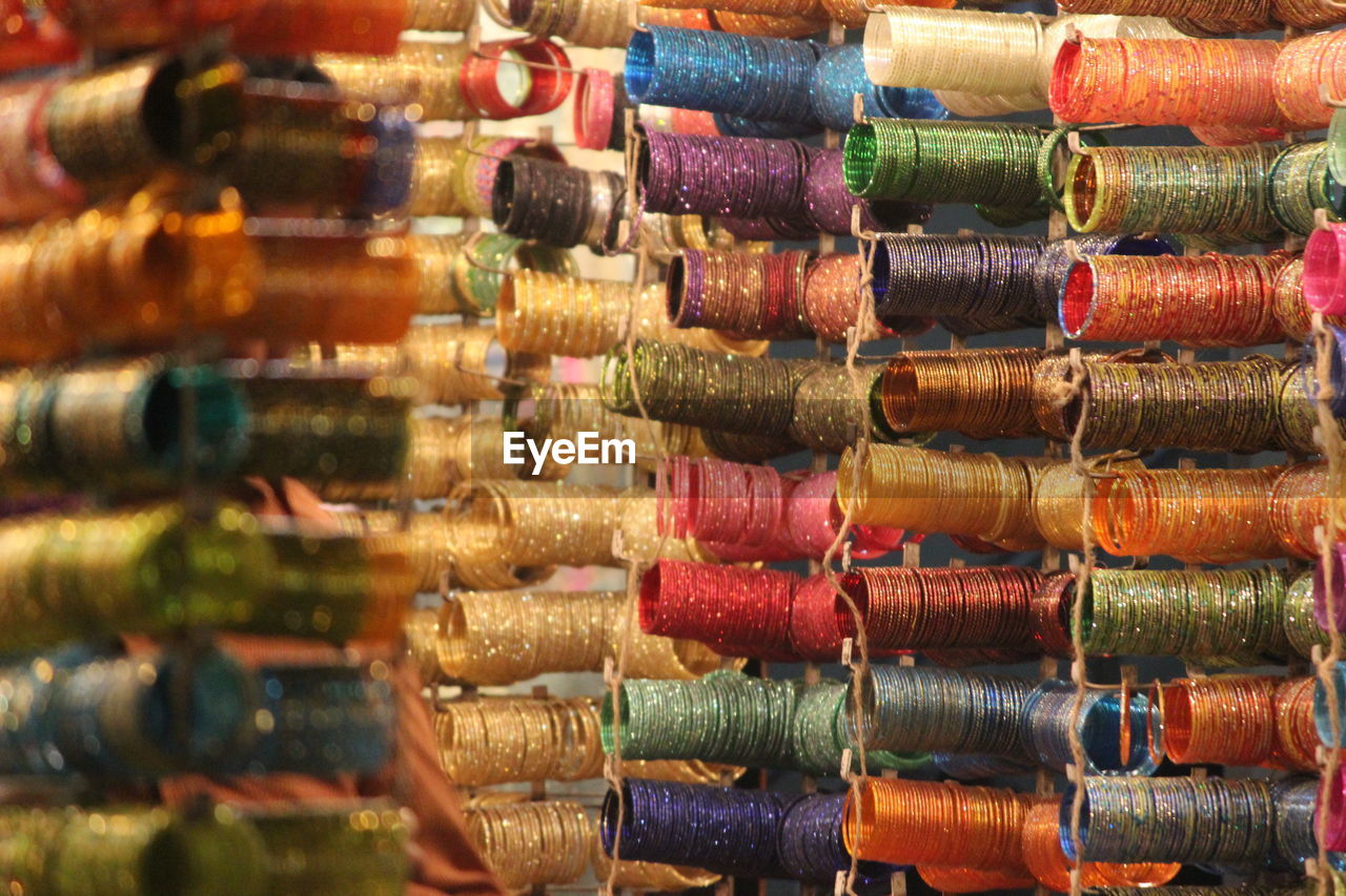 Full frame shot of colorful bangles at market