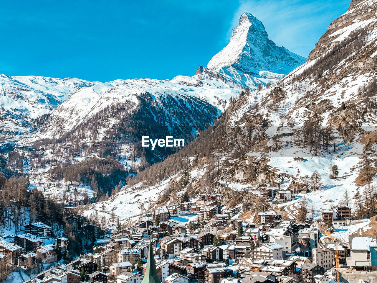 Aerial view on zermatt valley and matterhorn peak