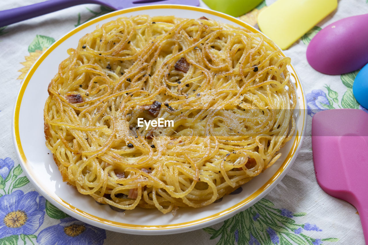 High angle view of frittata noodles in bowl