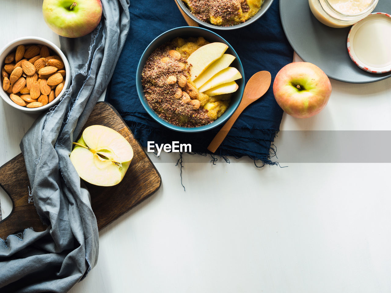 HIGH ANGLE VIEW OF BREAKFAST AND FRUITS ON TABLE