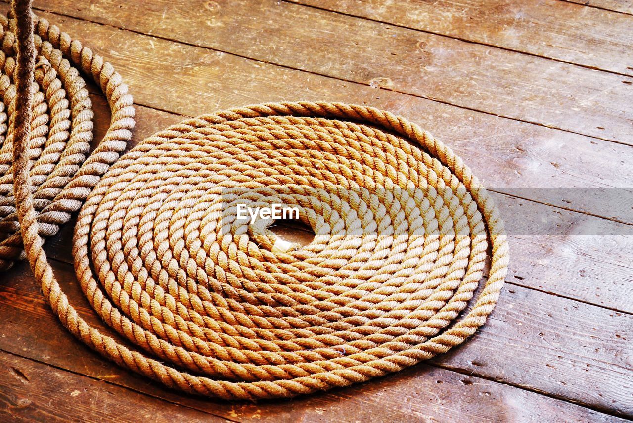High angle view of ropes on table