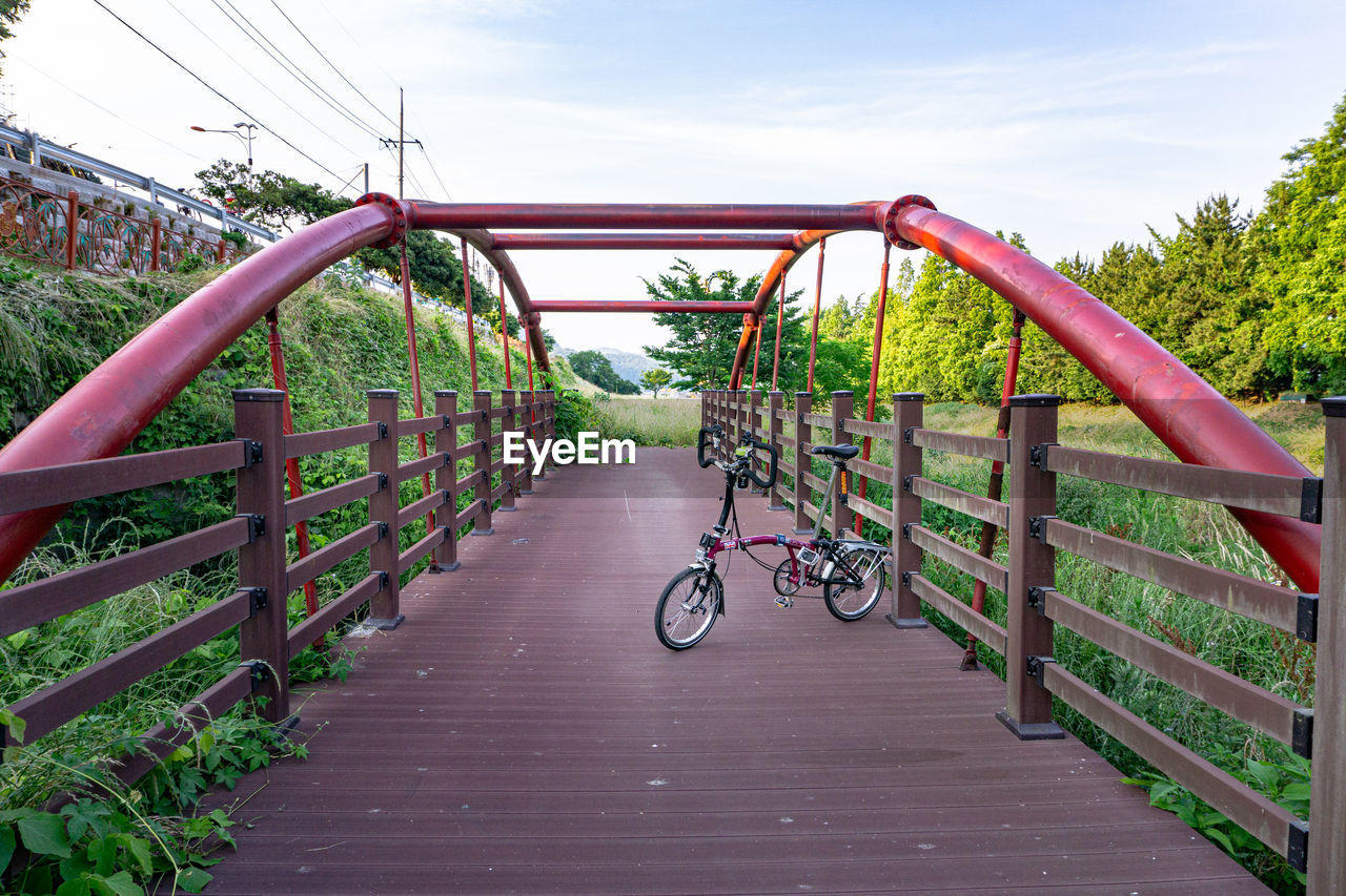 BICYCLE FOOTBRIDGE AGAINST PLANTS