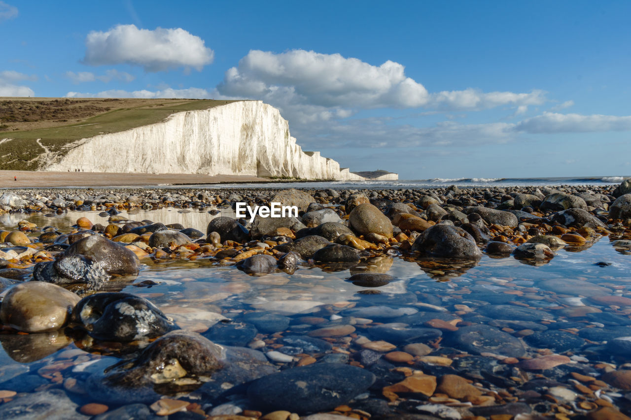 Rocks on beach against sky