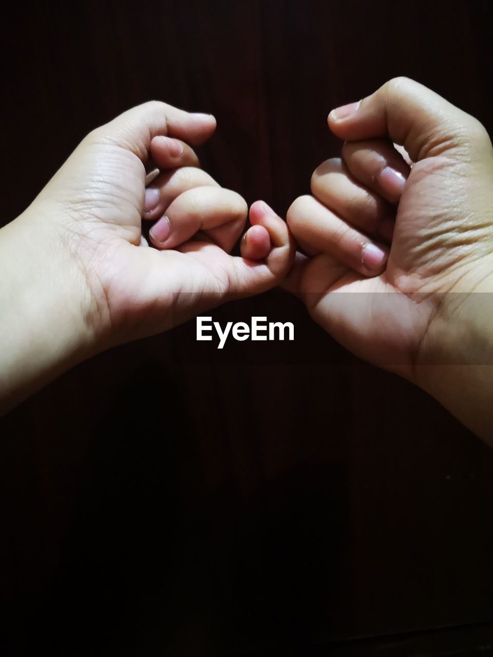 Cropped hands of people doing pinky promise against wooden wall