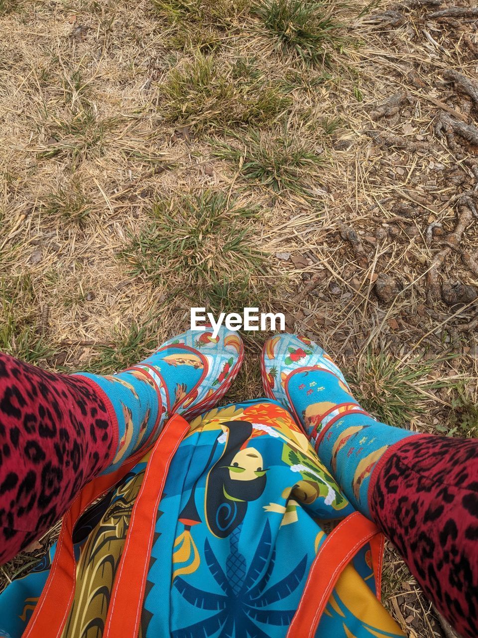 human leg, low section, high angle view, one person, multi colored, day, personal perspective, pattern, grass, lifestyles, shoe, land, blue, women, plant, adult, nature, leisure activity, art, field, human limb, outdoors, limb, relaxation, textile, standing