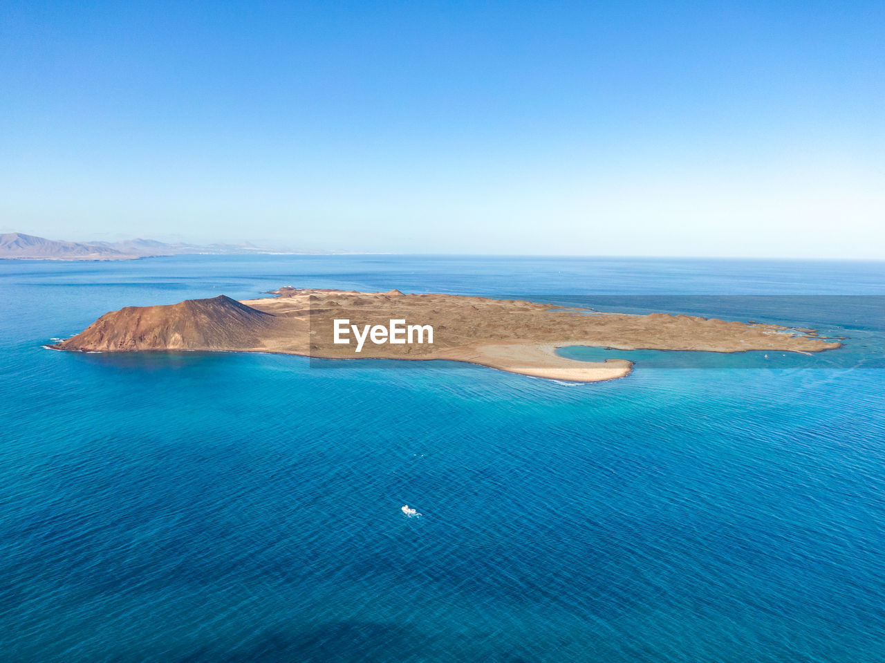 Drone view of isla de lobos, a small island off the coast of fuerteventura, canary islands, spain.