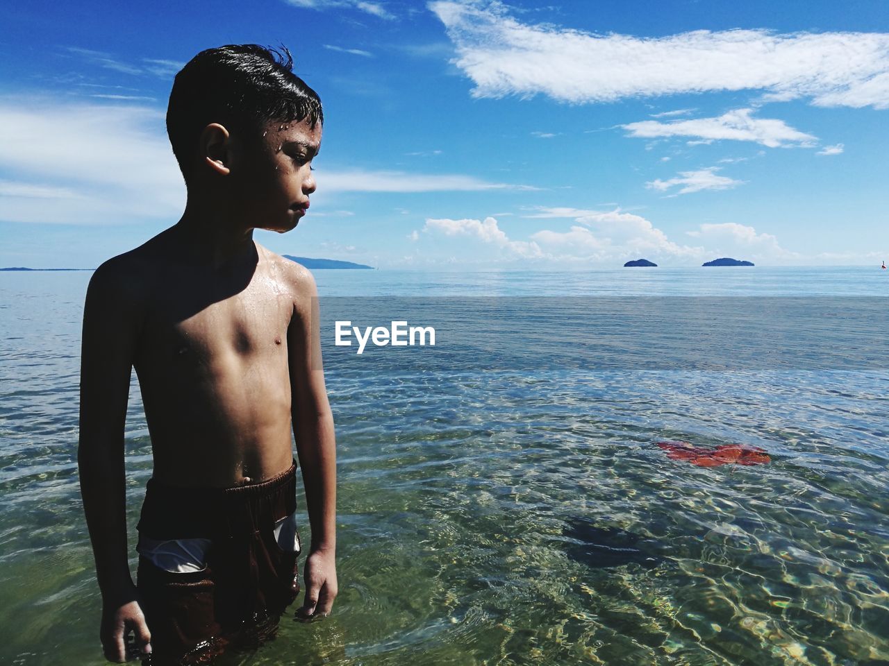 Shirtless boy standing in sea against sky