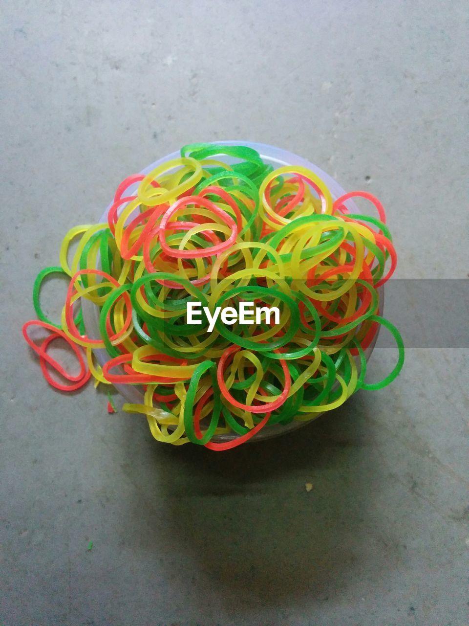 High angle view of colorful rubber bands