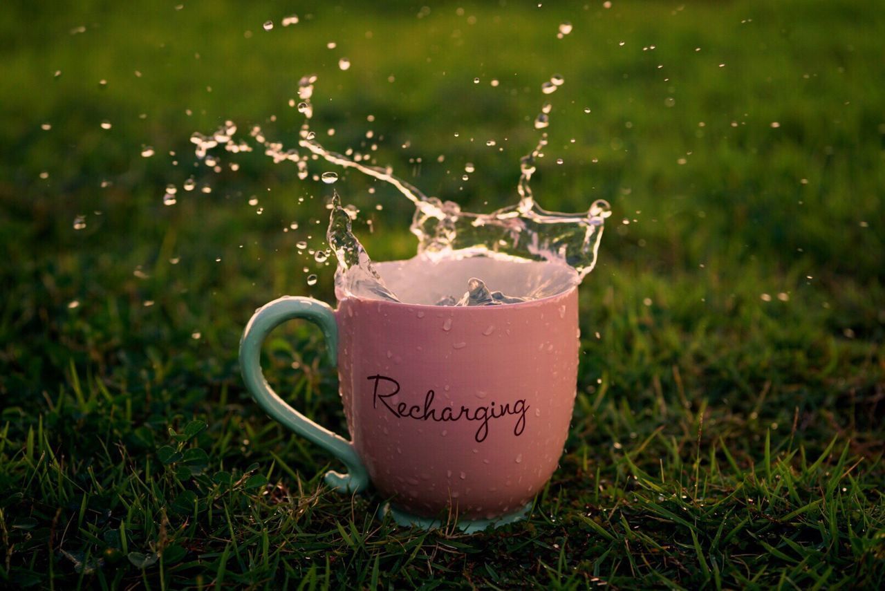 Close-up of water splashing in cup on field