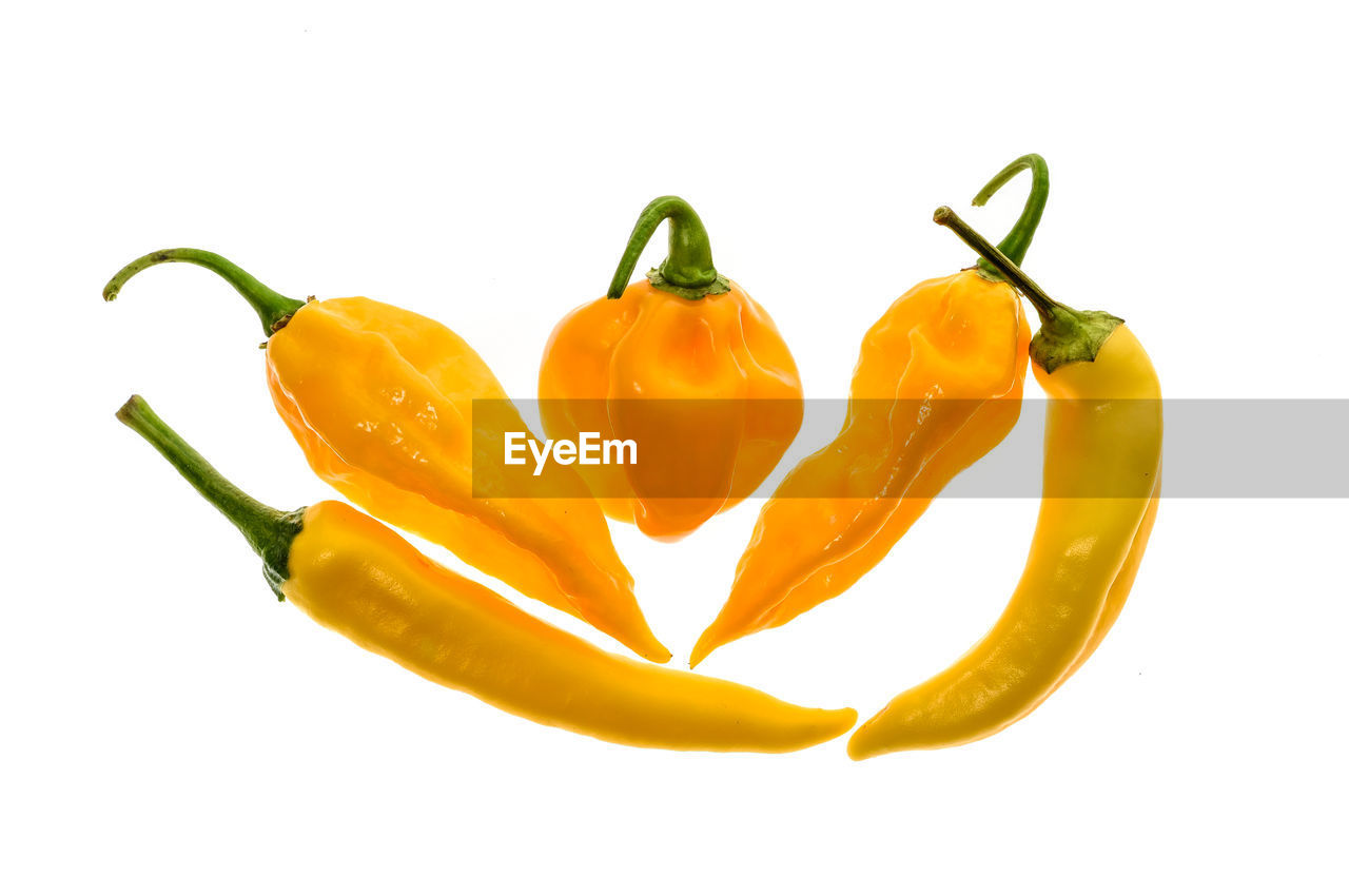 Close-up of yellow chili peppers against white background