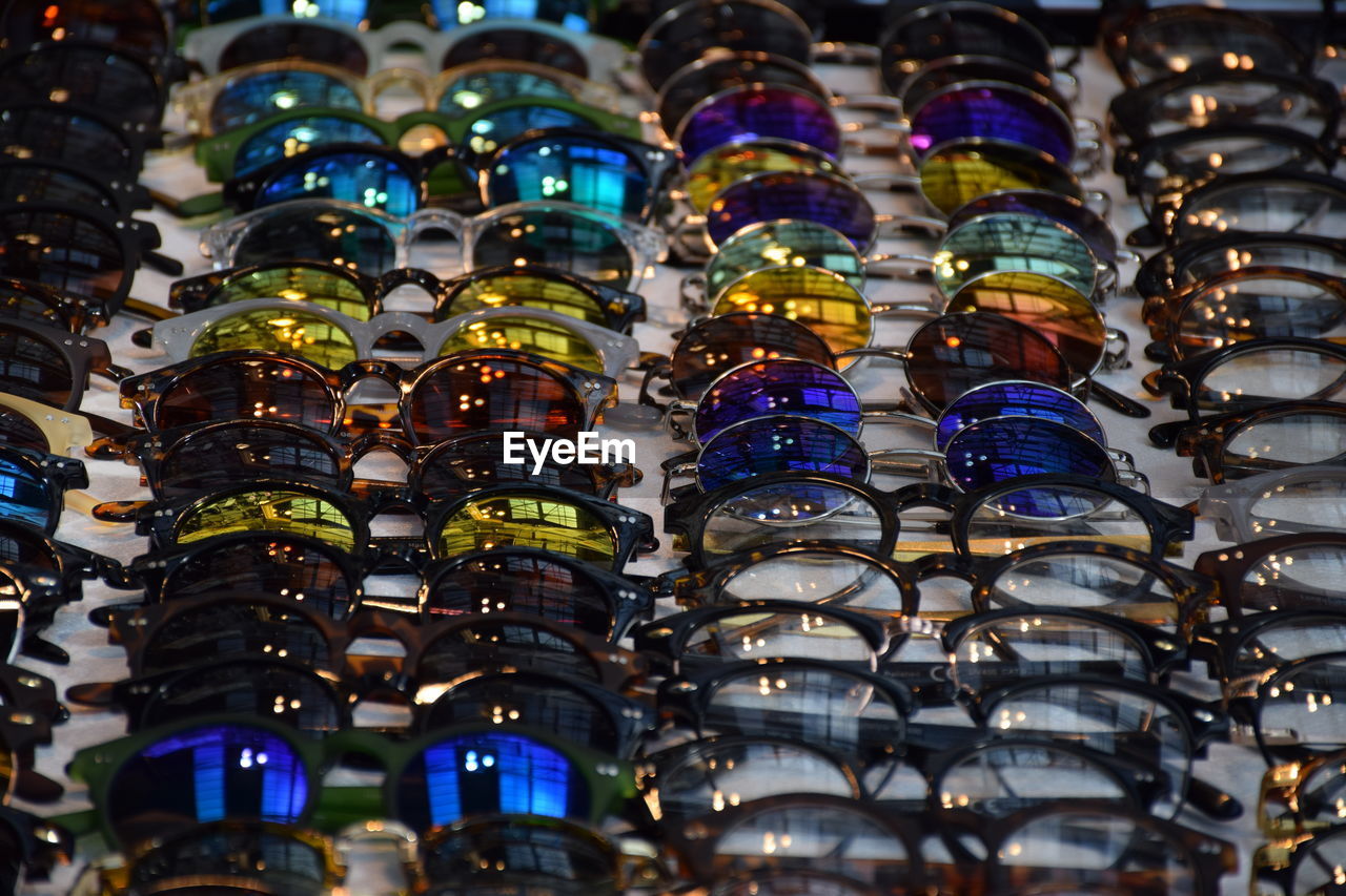 High angle view of eyeglasses on display at store