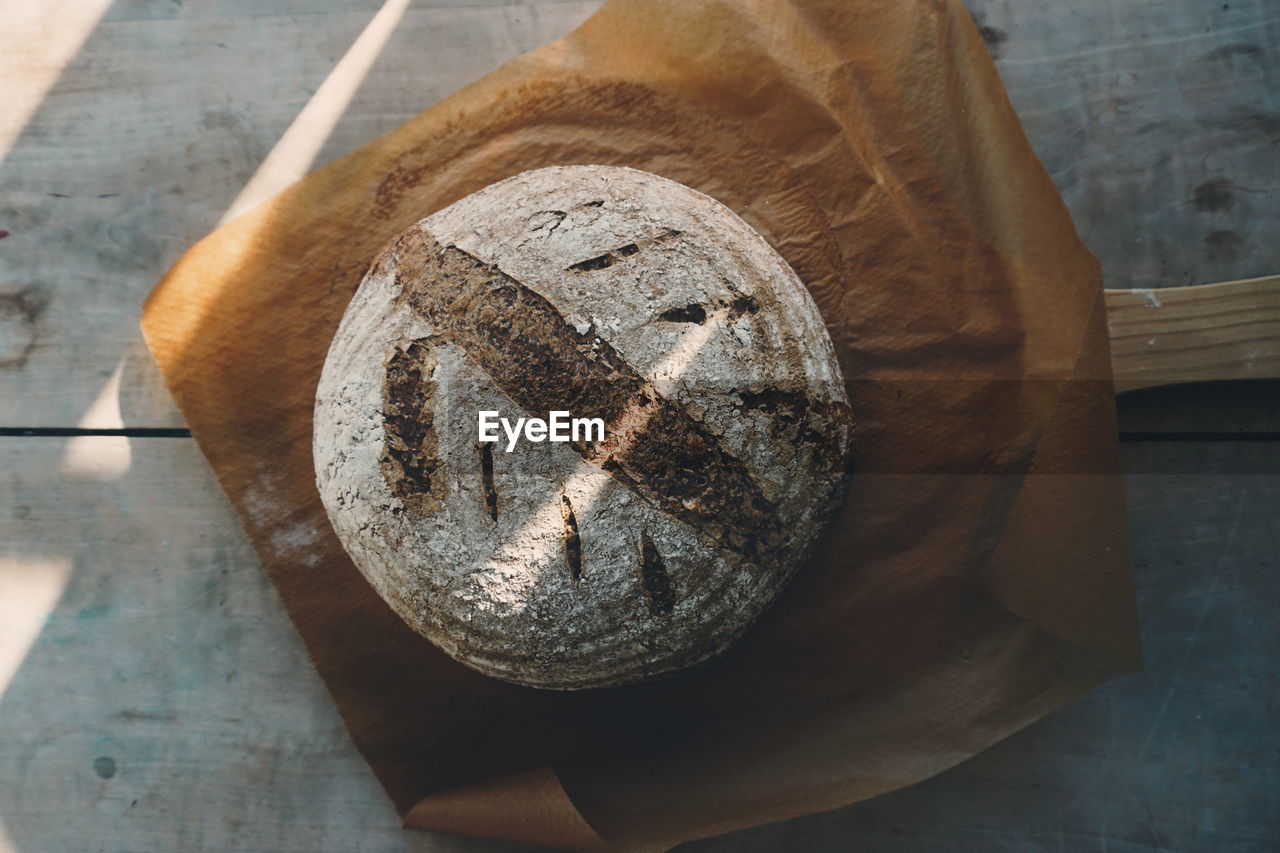 High angel view of homemade sourdough bread