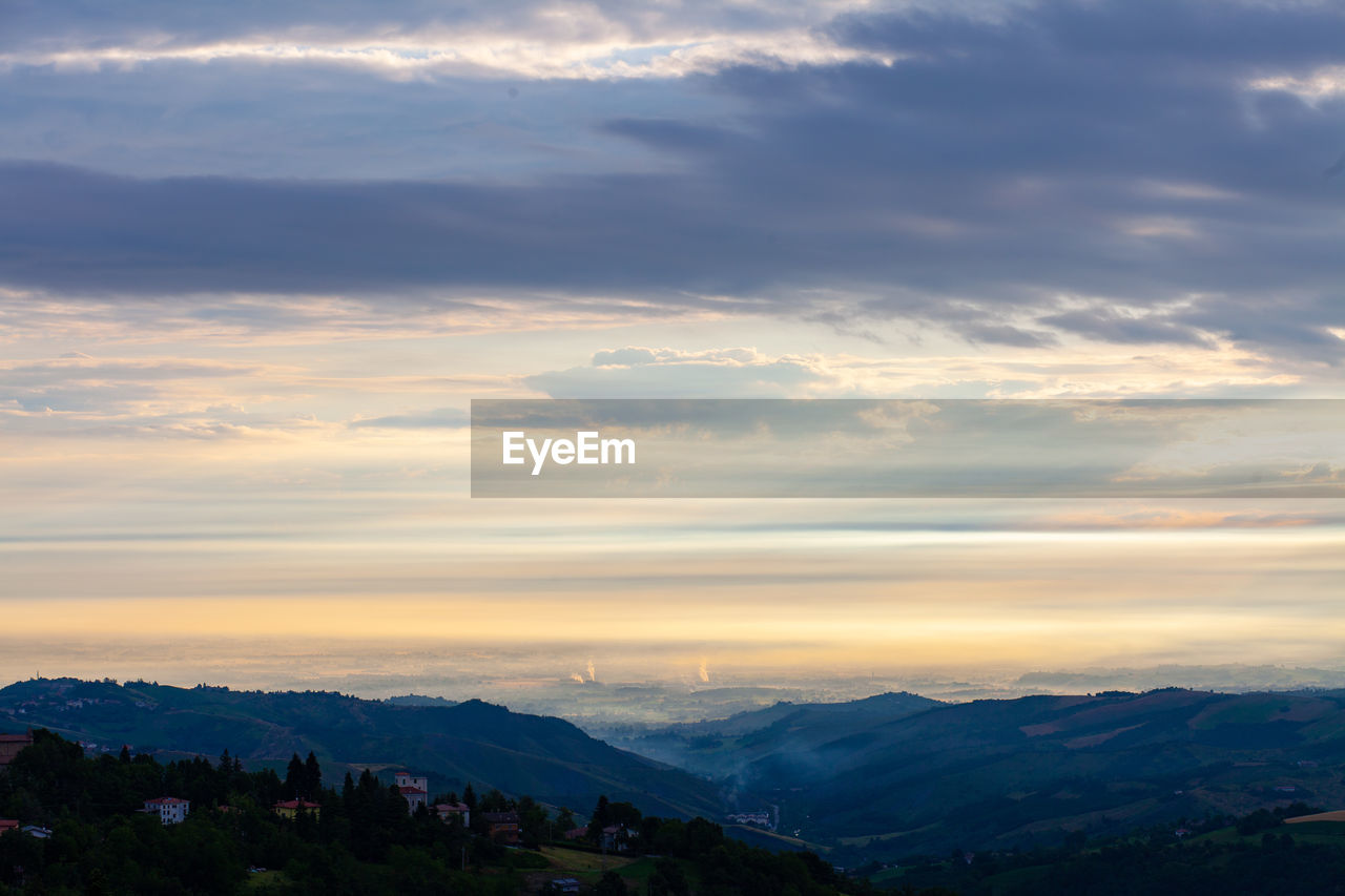 Emilian plains landscape, emilia romagna, italy, during a summer sunset