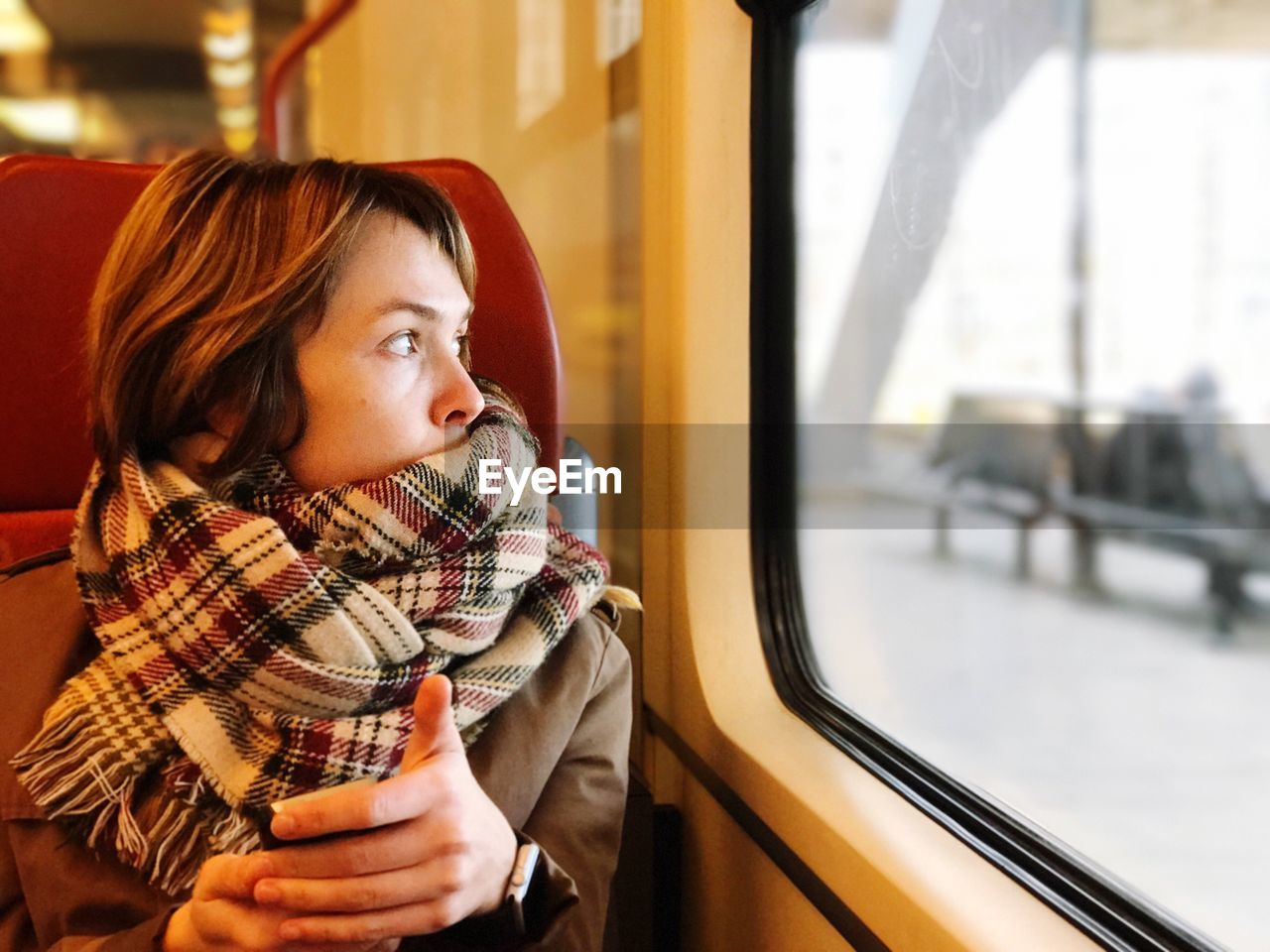 Mid adult woman looking through window while sitting in train