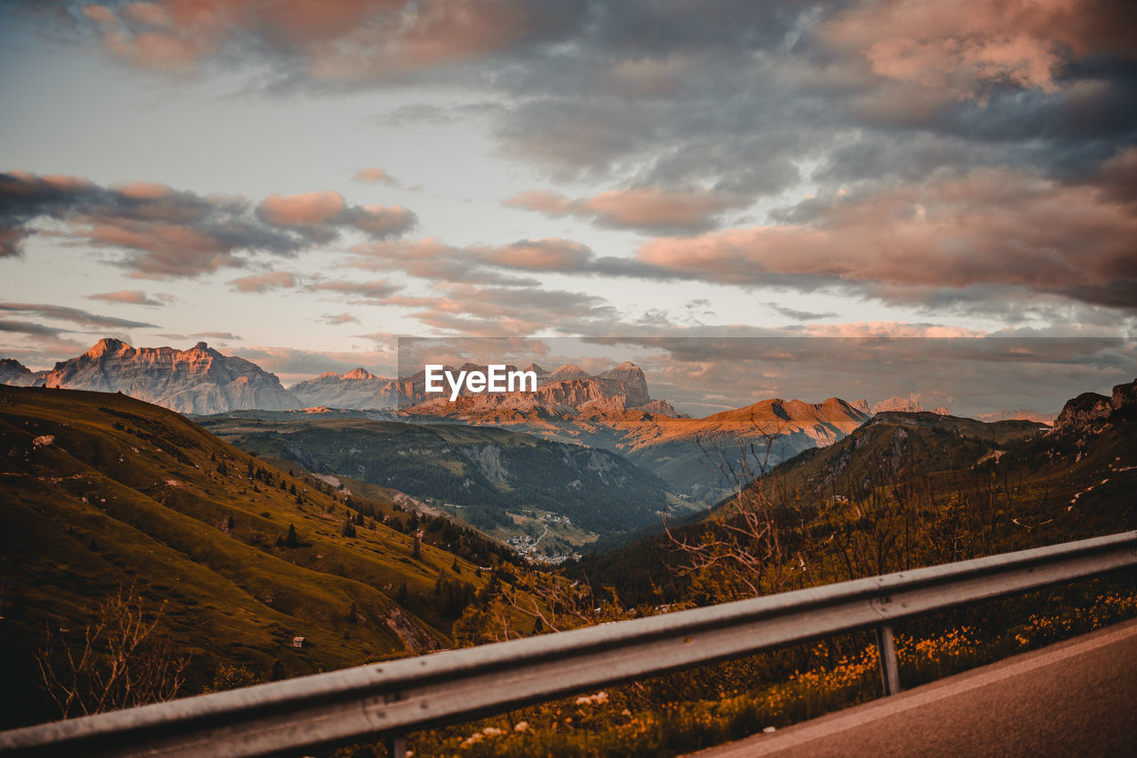 Scenic view of mountains against sky during sunset