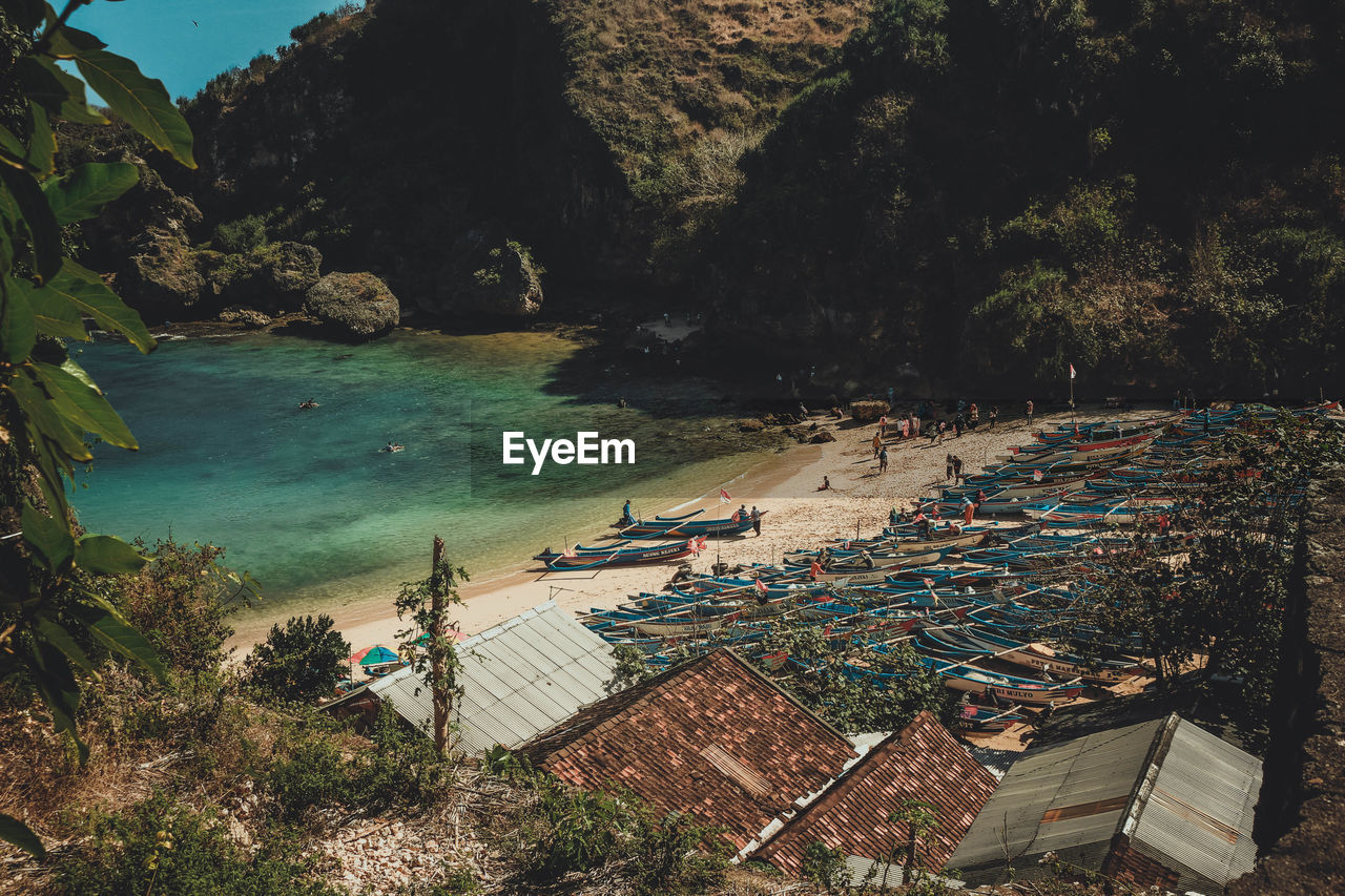 High angle view of boats on beach