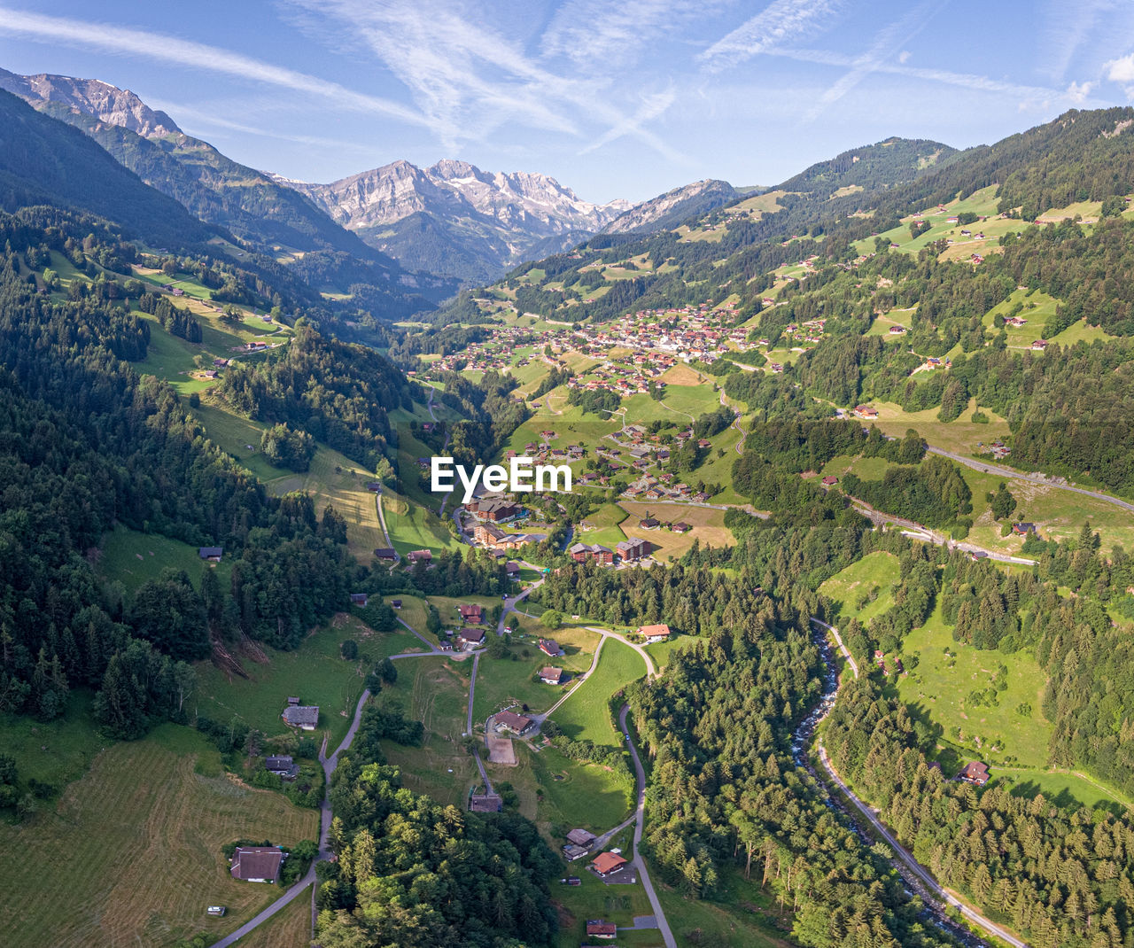 High angle view of trees on field against sky