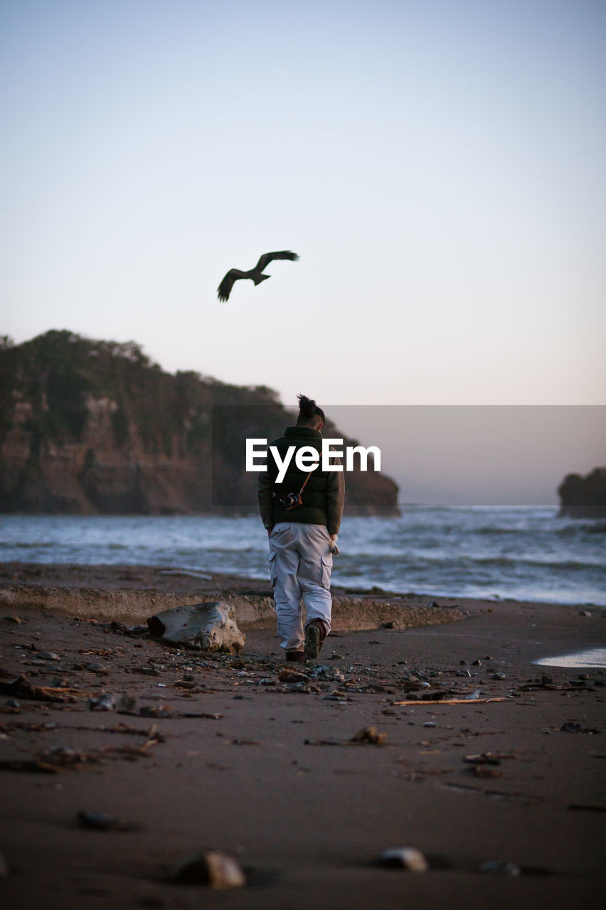 Rear view of man walking on beach