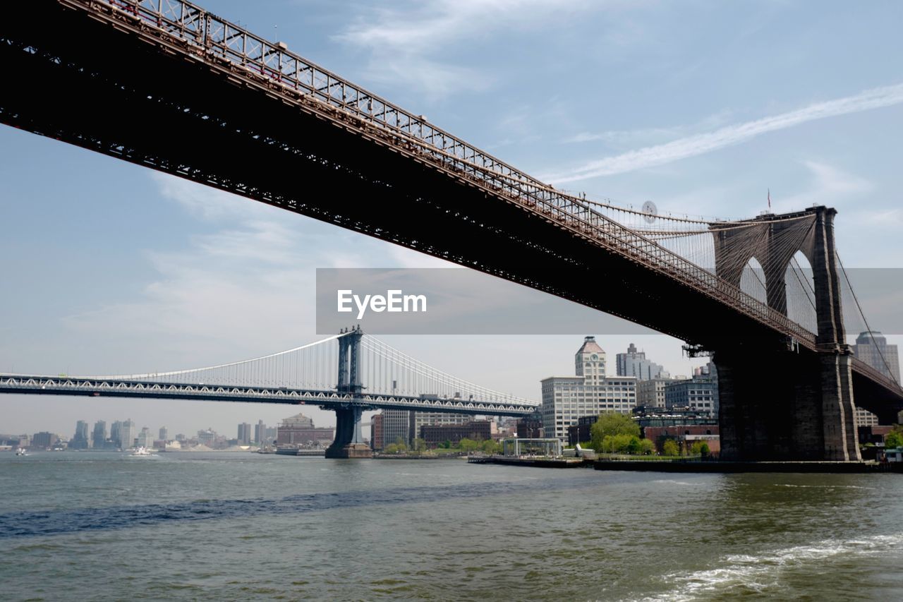 VIEW OF SUSPENSION BRIDGE OVER RIVER AGAINST CLOUDY SKY