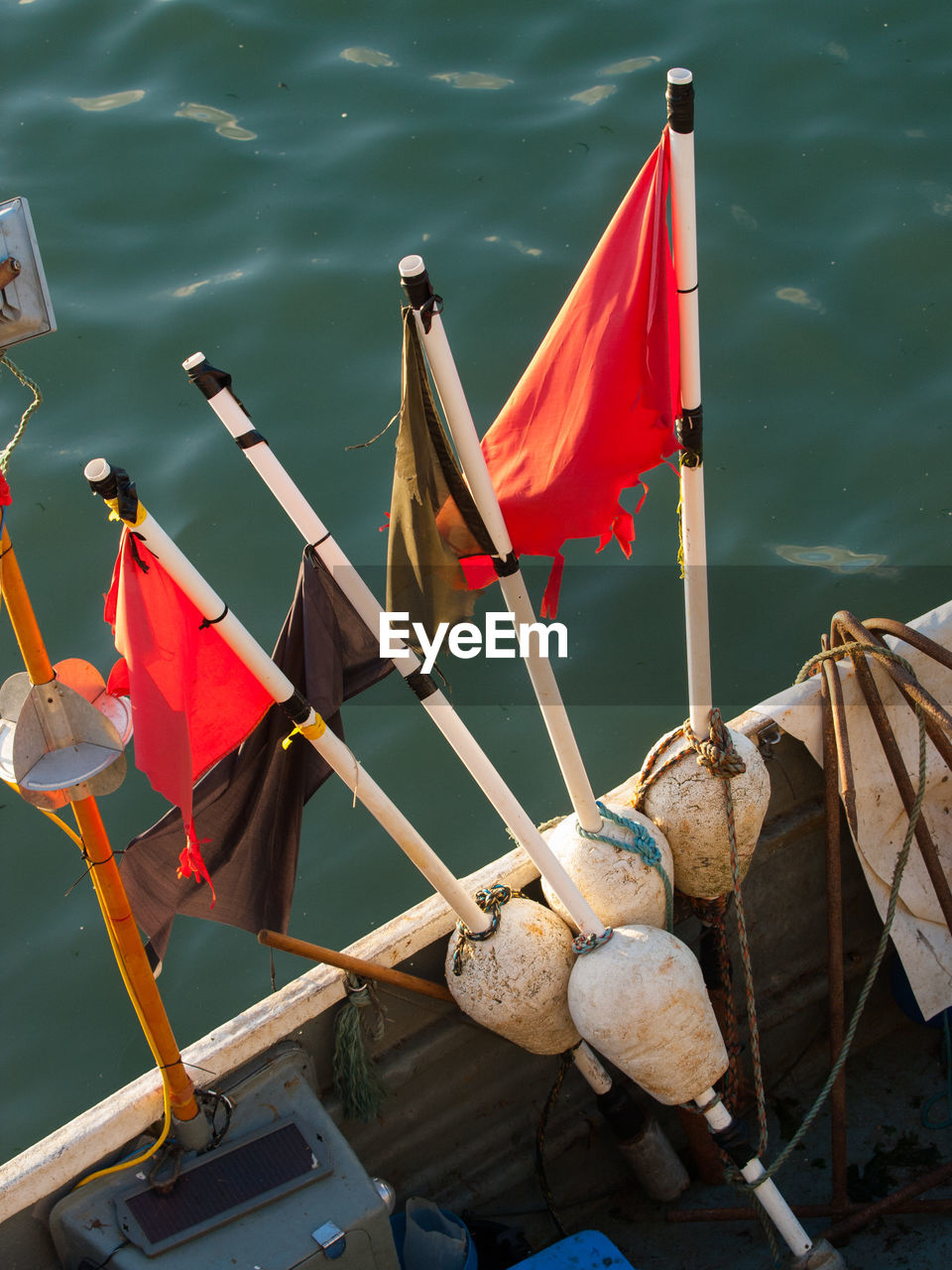 HIGH ANGLE VIEW OF FLAGS IN RIVER