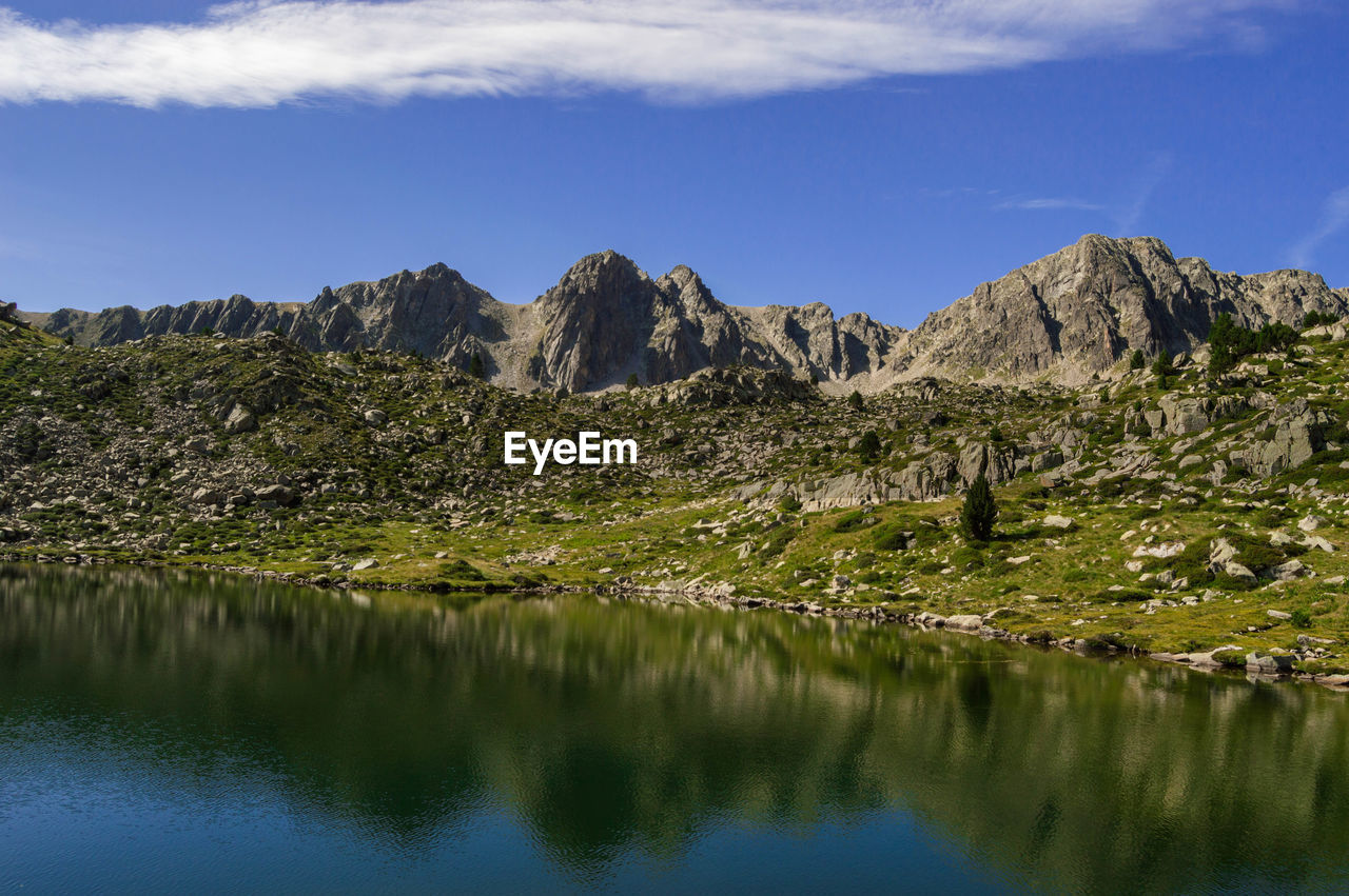 Scenic view of lake by mountain against sky