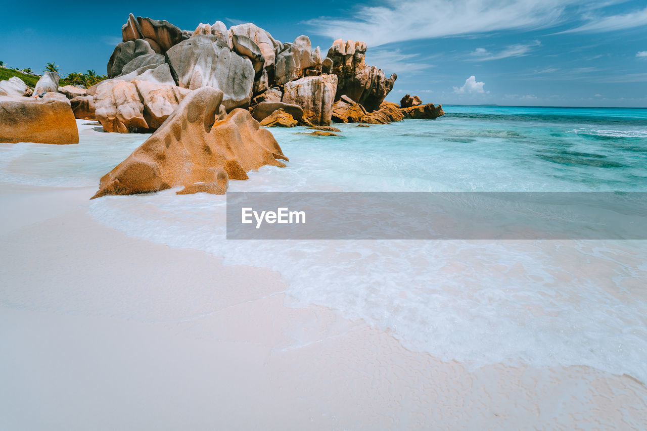 ROCKS ON BEACH AGAINST SKY