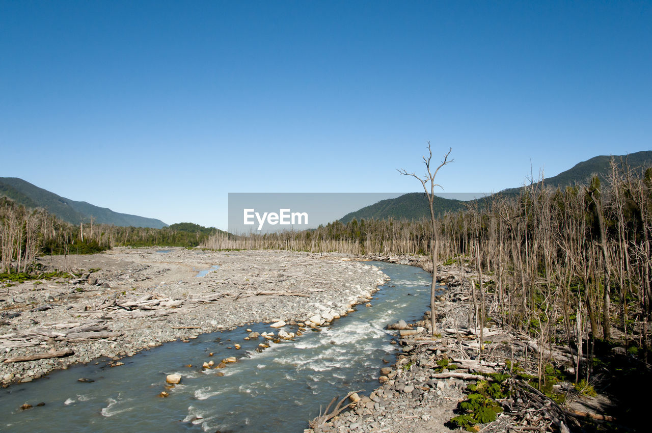 Stream by field against clear blue sky