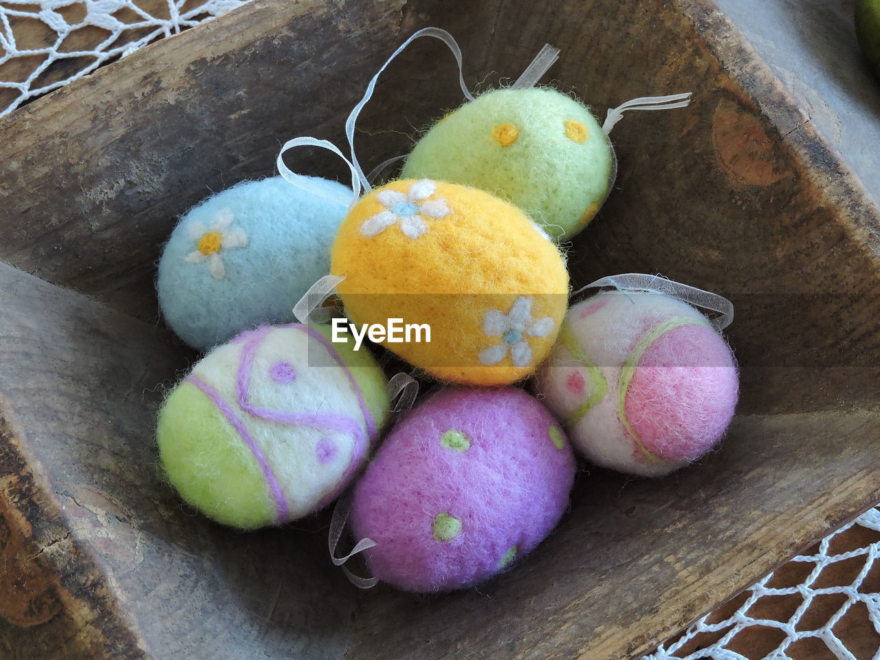High angle view of easter eggs in basket