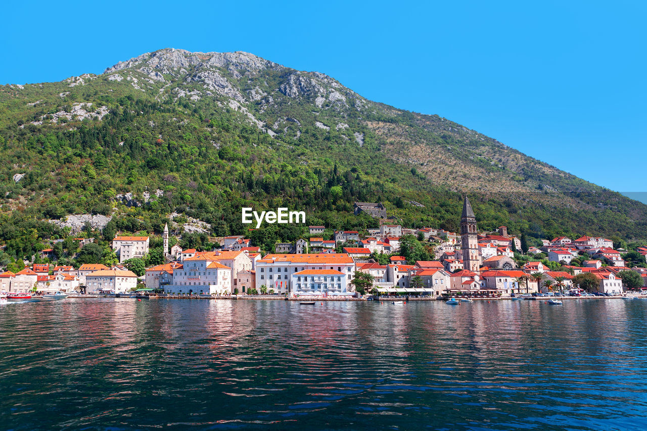 Perast tiny charming city of the montenegrin coast . old town at coast of montenegro at kotor bay 