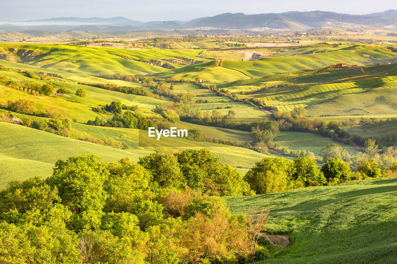 Idyllic landscape view of rolling fields and valleys of tuscany