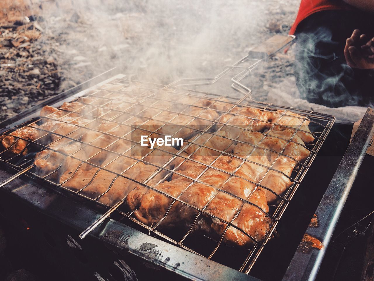 High angle view of food on barbecue grill