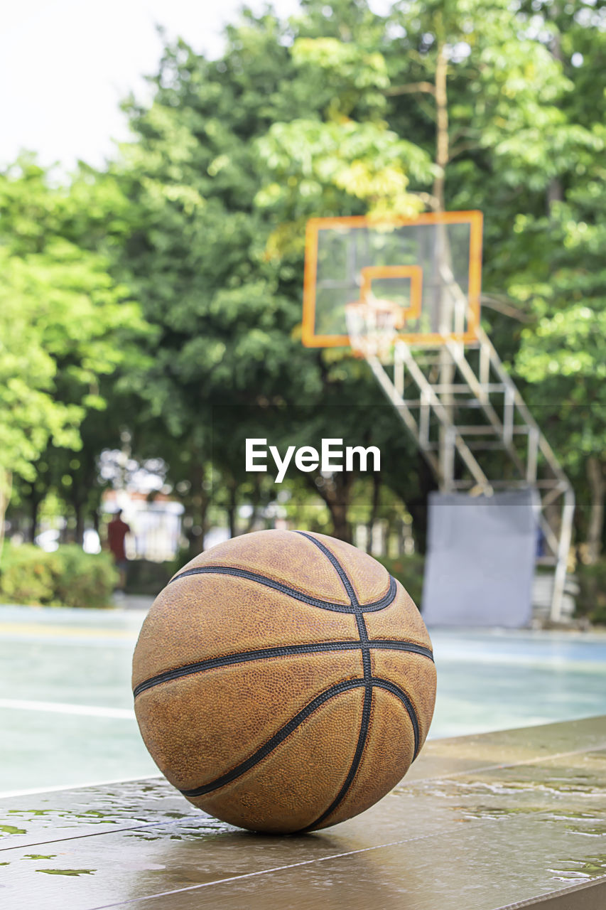 Close-up of basketball ball on retaining wall