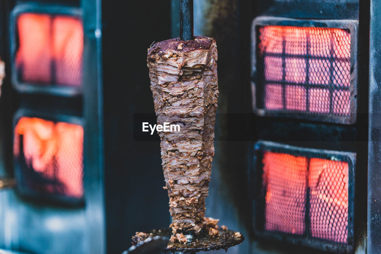 Close-up of meat on barbecue grill