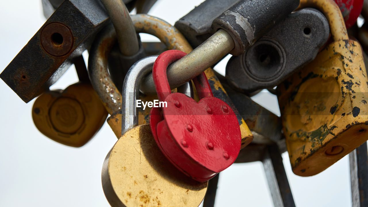 Close-up of padlocks hanging on metal