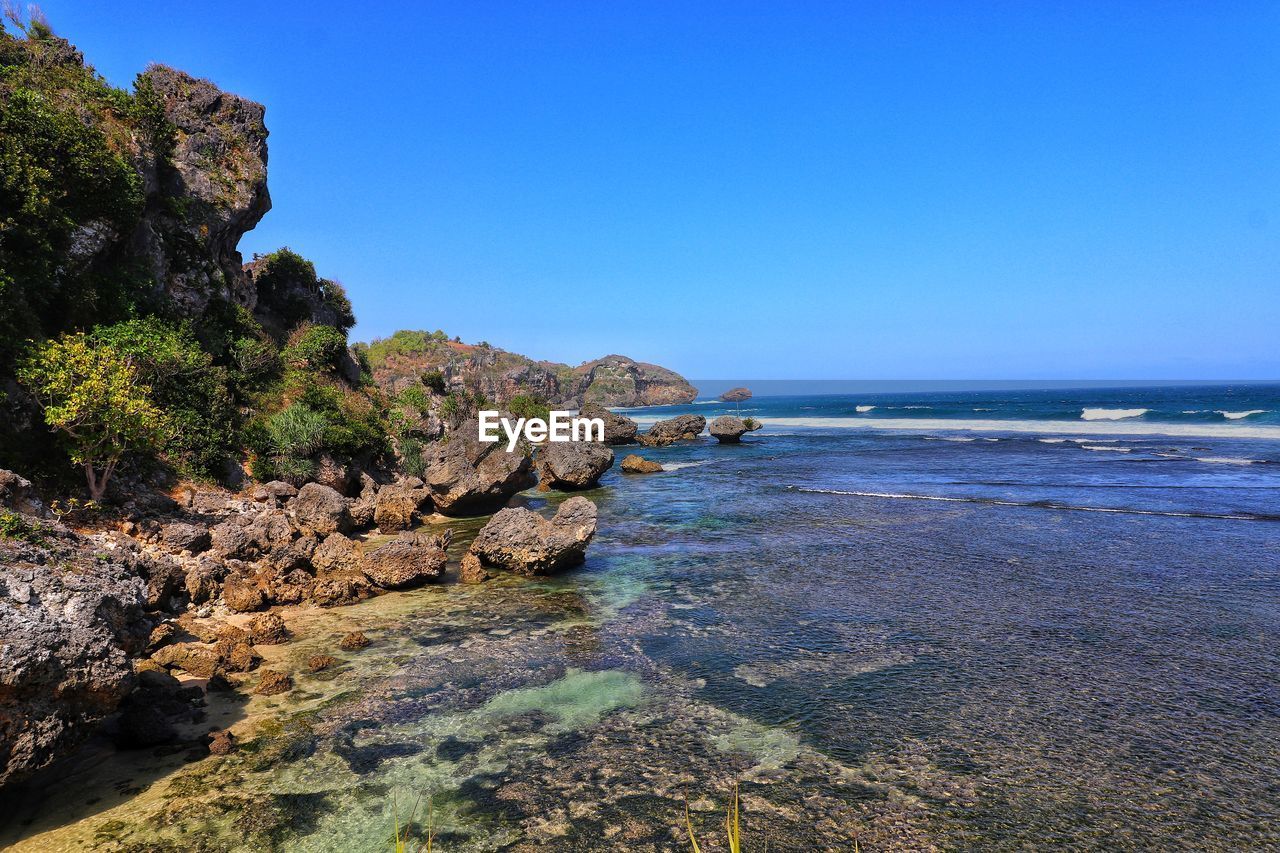 Scenic view of sea against clear blue sky