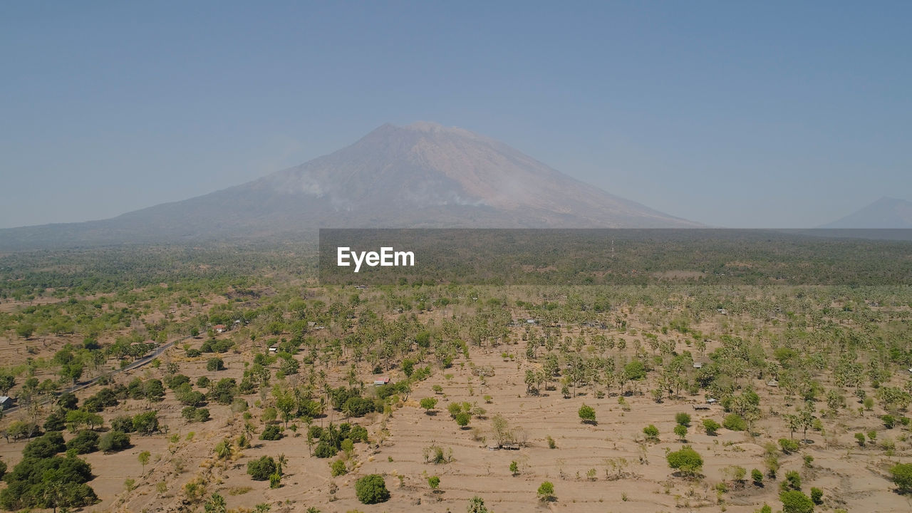 Volcano mount agung bali, indonesia. tropical landscape savanna with low trees at foot volcano. 