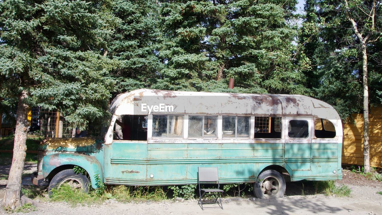 Abandoned bus by trees on field during sunny day